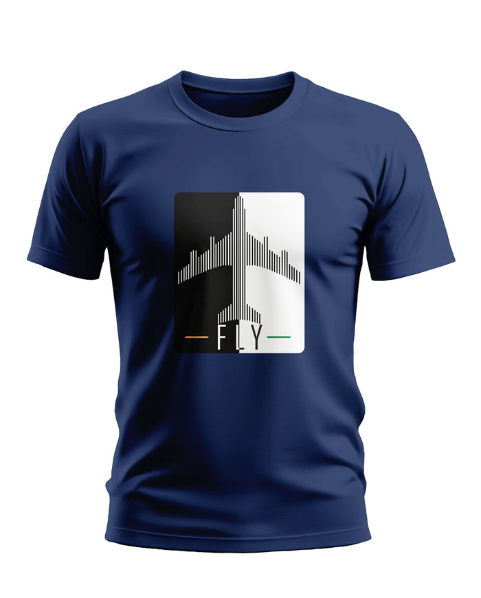 Navy blue men's t-shirt with abstract airplane and 'FLY' graphic print on front