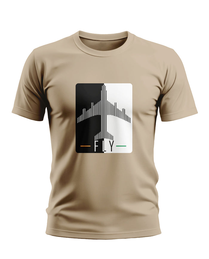 Beige men's t-shirt with bold airplane graphic and FLY text, casual fashion style