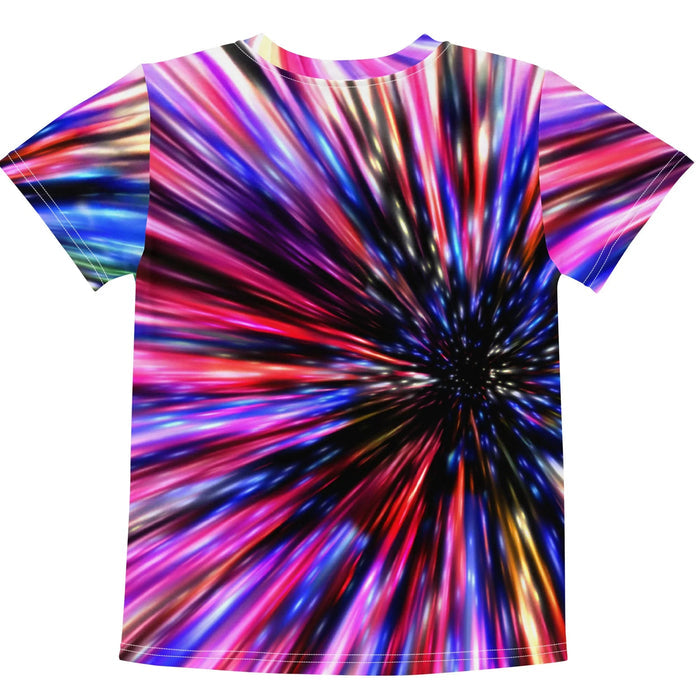 Flying Cat Lasers Kid's Tee - The juxtaposition of the "marmalade orange" (#E67E22) superhero tabby against the aggressive "electric magenta" (#FF00FF) warp-speed background.