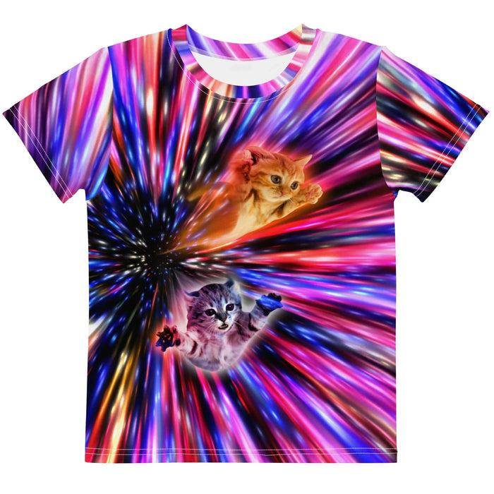 Flying Cat Lasers Kid's Tee in Cosmic Neon Vortex. CPSIA Compliant, OEKO-TEX® 100, REACH Compliant.