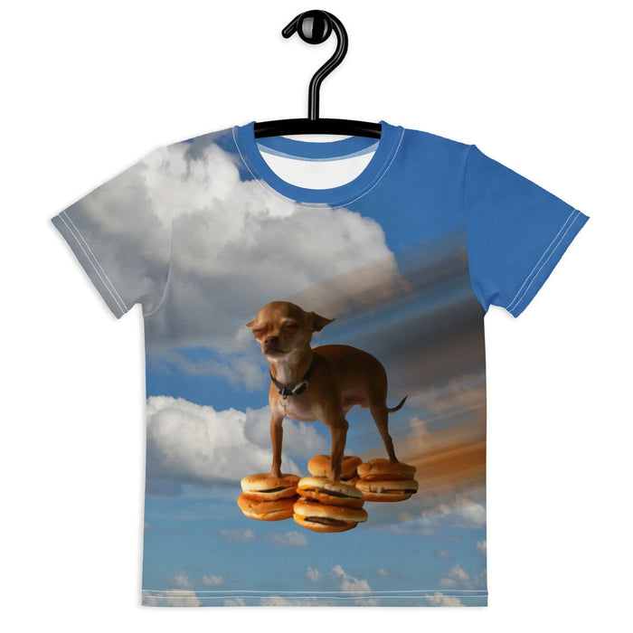 A stoic Chihuahua rides a cluster of hovering cheeseburgers through a vivid "stratosphere azure" sky in this surreal, photorealistic scene. Contact us with accessibility feedback, we'd love to help!
