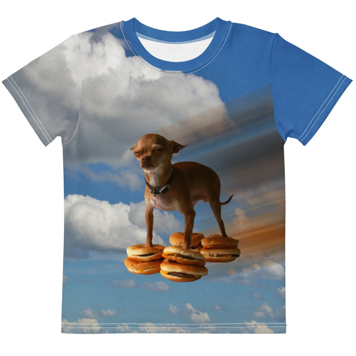 Flying Hamburger Dog Kid's Tee in Stratosphere Azure & Bun. CPSIA Compliant, OEKO-TEX® 100, REACH Compliant.