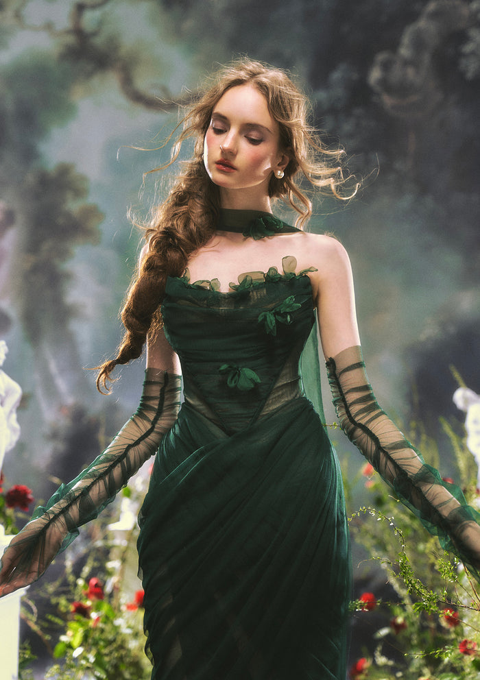 Lacemade vintage green dress - Hand-sewn flowers and corset-boned bodice