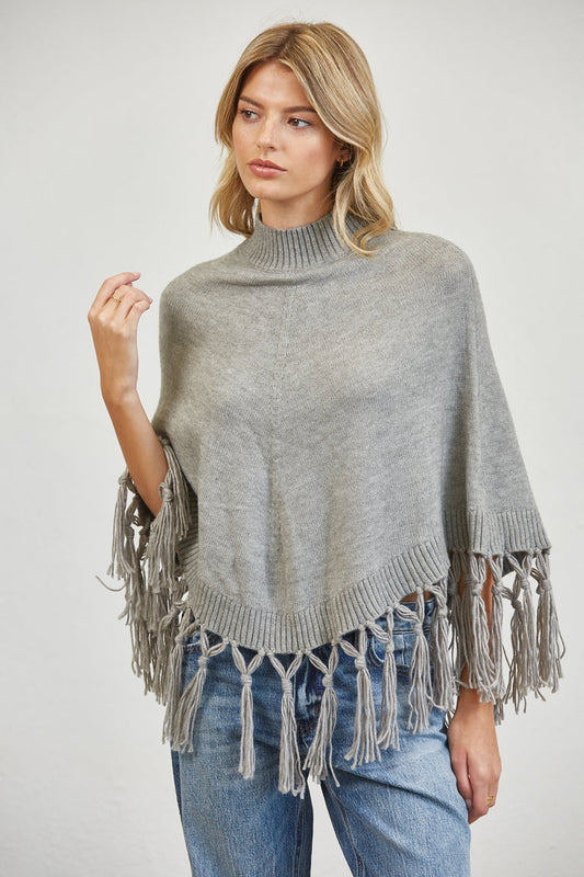 Fringe Trim Mock Neck Knit Poncho Sweater