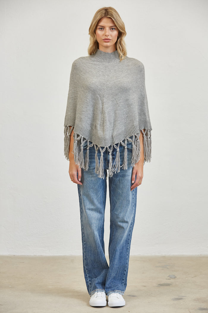 Fringe Trim Mock Neck Knit Poncho Sweater