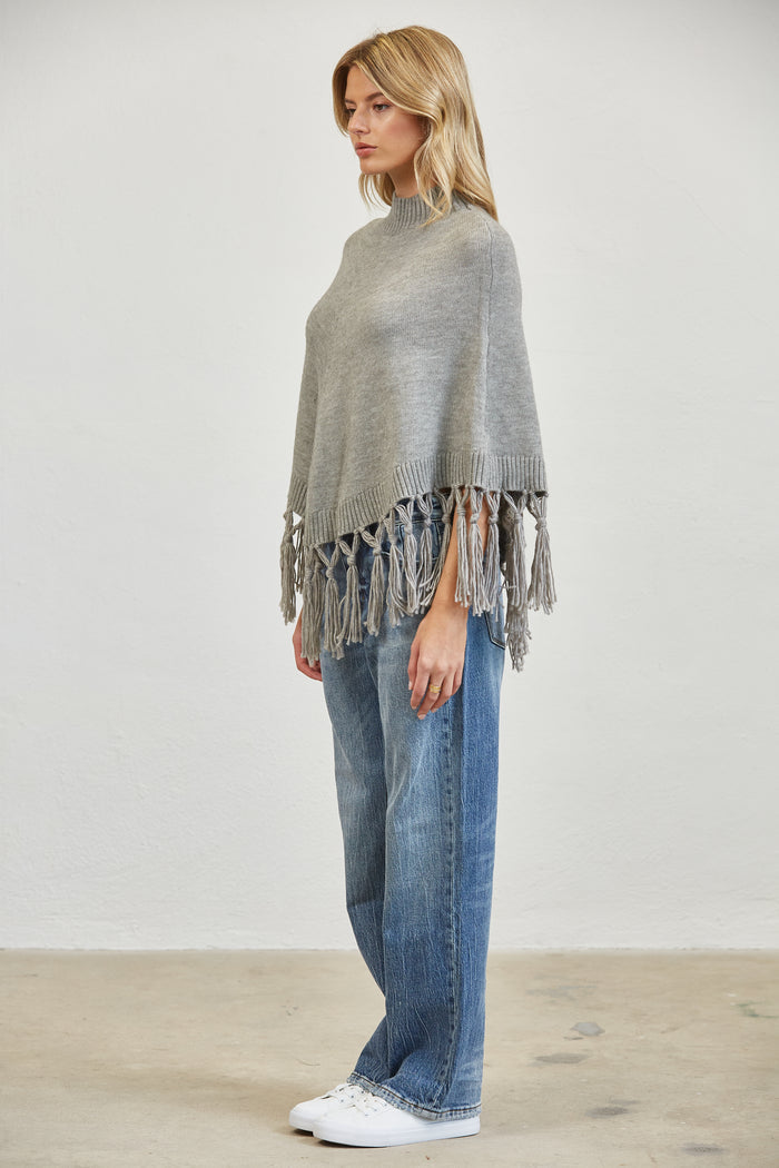 Fringe Trim Mock Neck Knit Poncho Sweater