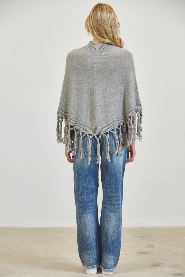 Fringe Trim Mock Neck Knit Poncho Sweater