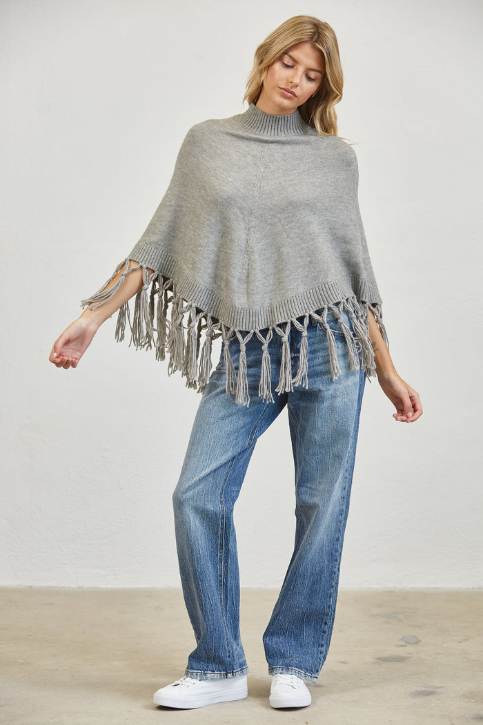 Fringe Trim Mock Neck Knit Poncho Sweater