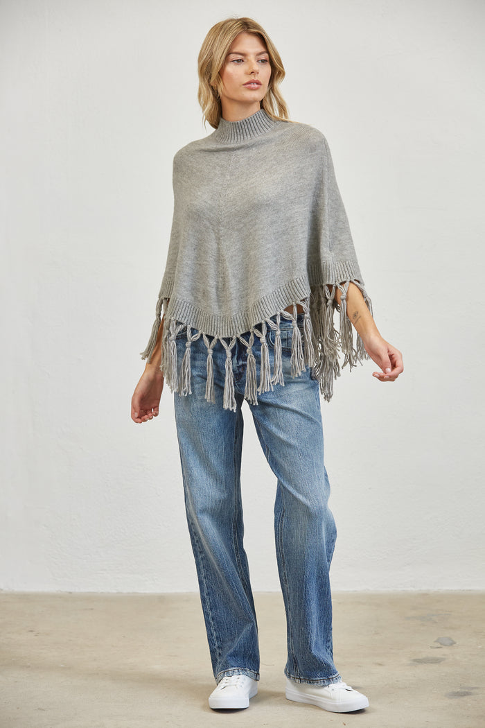 Fringe Trim Mock Neck Knit Poncho Sweater