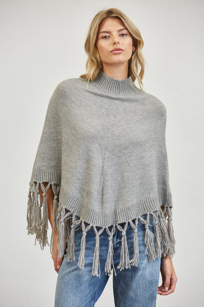 Fringe Trim Mock Neck Knit Poncho Sweater