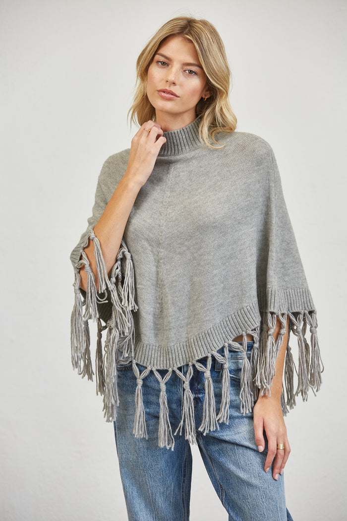 Fringe Trim Mock Neck Knit Poncho Sweater