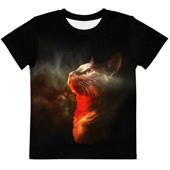 Gazing Space Cat Kid's Tee in Galactic Ember Void. CPSIA Compliant, OEKO-TEX® 100, REACH Compliant.