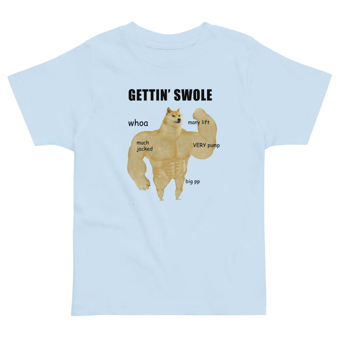 Gettin Swole Doge Kid's Tee in Heathered Ash & Gold. WRAP Certified, CPSIA Compliant, Eco-Certified Inks.