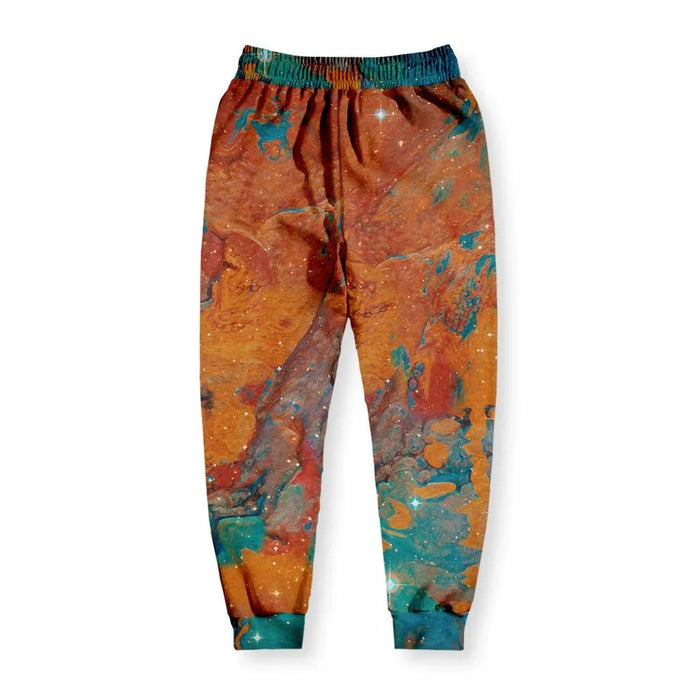 These men's joggers showcase a mesmerizing fluid art print where swirling sienna rust and burnt orange clay (think desert canyons) collide with cerulean deeps and teal abyss in marbleized rivers. Contact us with accessibility feedback, we'd love to help!
