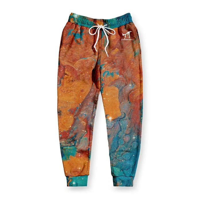 Giraffe Joggers - The chaotic "fire and ice" interplay where organic `sienna rust (#A0522D)` magma bleeds into `cerulean deeps (#007BA7)`, overlaid with four-point digital star glints.