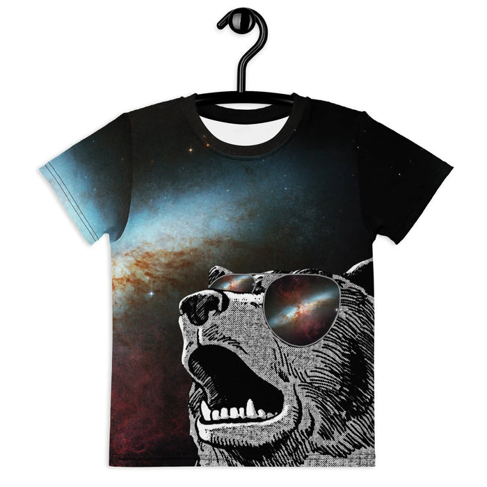 A roaring grizzly bear dominates this design in a gritty, stippled vintage woodcut style, accessorized with large aviator sunglasses (reflecting the surrounding cosmos). Contact us with accessibility feedback, we'd love to help!