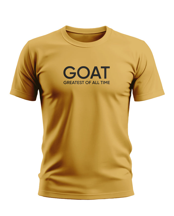 Yellow men's t-shirt with GOAT Greatest Of All Time text, short sleeves, crew neck