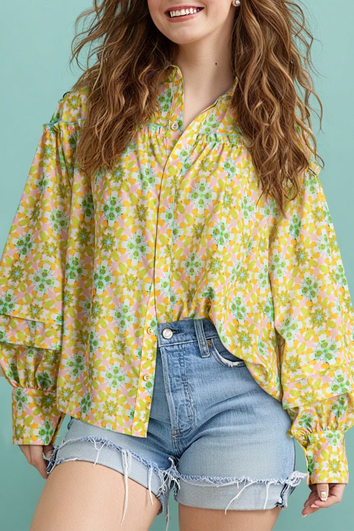 Green Boho Floral Print Frilly Detail Puff Sleeve Shirt - GREEN / S / 100% POLYESTER - Tops/Blouses & Shirts