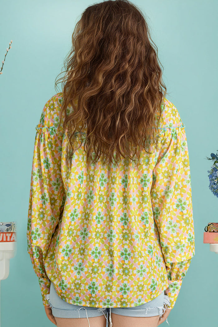 Green Boho Floral Print Frilly Detail Puff Sleeve Shirt - Tops/Blouses & Shirts