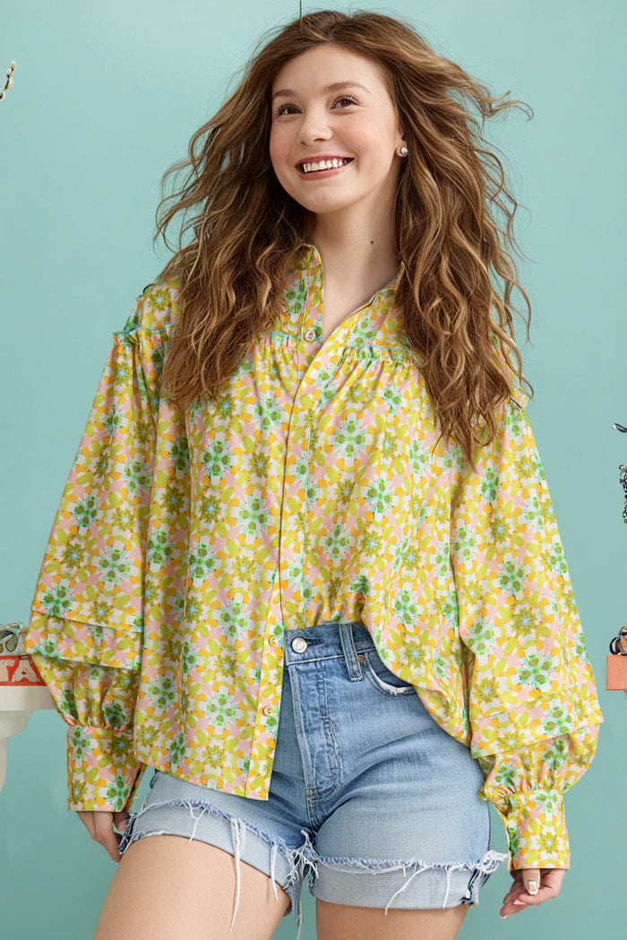 Green Boho Floral Print Frilly Detail Puff Sleeve Shirt - Tops/Blouses & Shirts