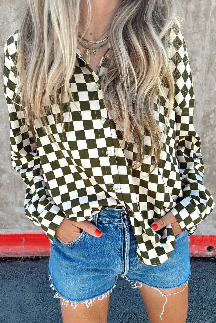 Green Checkerboard Printed Drop Shoulder Loose Casual Shirt - GREEN / S / 100% COTTON - Tops/Blouses & Shirts