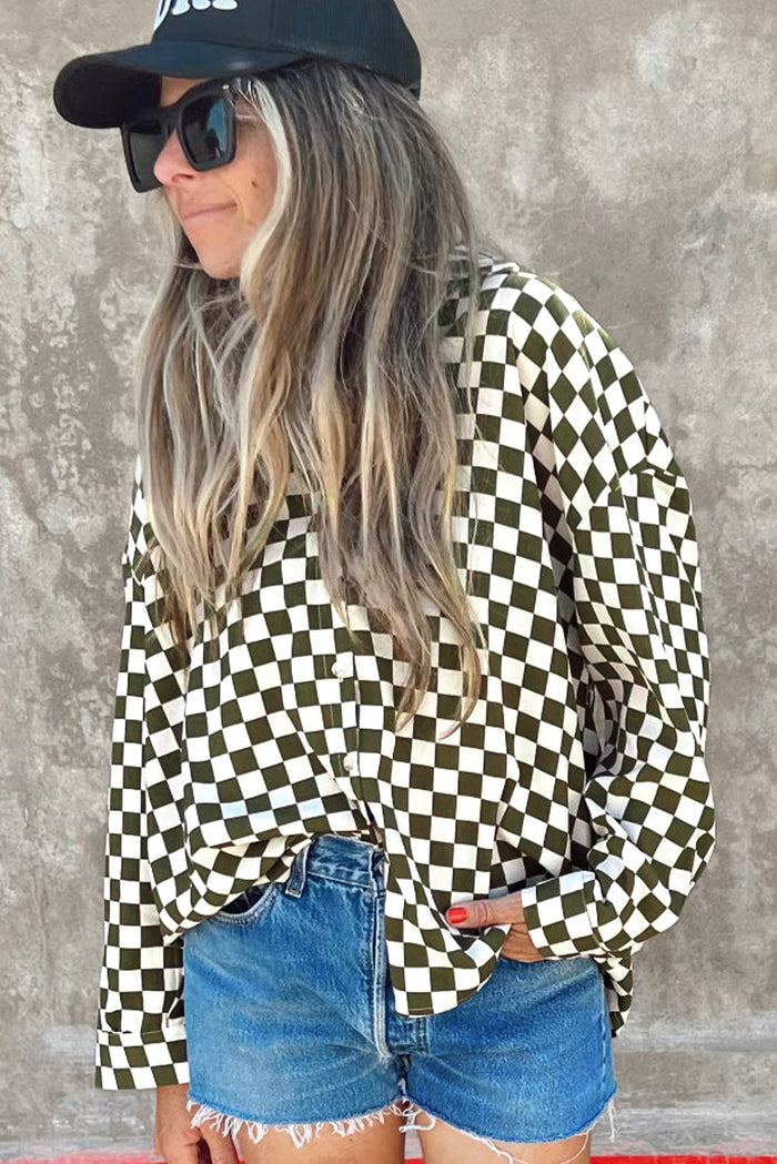 Green Checkerboard Printed Drop Shoulder Loose Casual Shirt - Tops/Blouses & Shirts