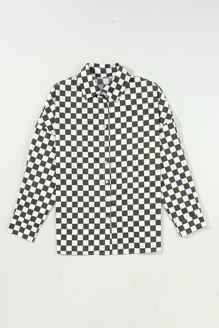 Green Checkerboard Printed Drop Shoulder Loose Casual Shirt - Tops/Blouses & Shirts