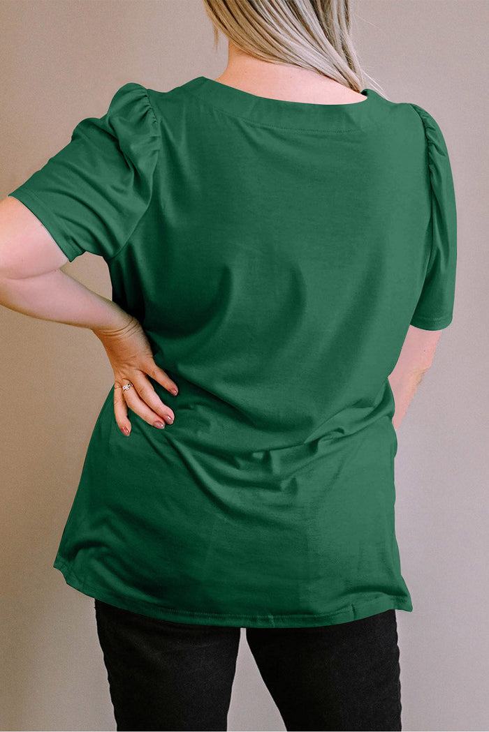 Green Plus Size Square Neck Ruched Shoulder Short Sleeve Top - Size/Plus Tops/Plus Tops & Tees