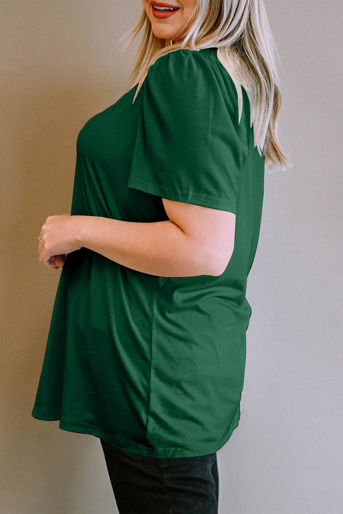 Green Plus Size Square Neck Ruched Shoulder Short Sleeve Top - Size/Plus Tops/Plus Tops & Tees