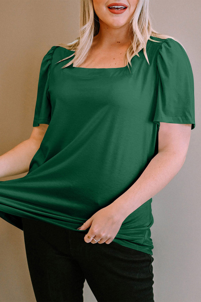 Green Plus Size Square Neck Ruched Shoulder Short Sleeve Top - Size/Plus Tops/Plus Tops & Tees