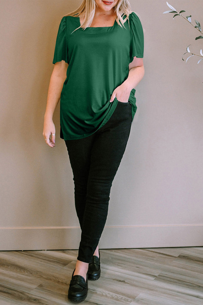 Green Plus Size Square Neck Ruched Shoulder Short Sleeve Top - Size/Plus Tops/Plus Tops & Tees
