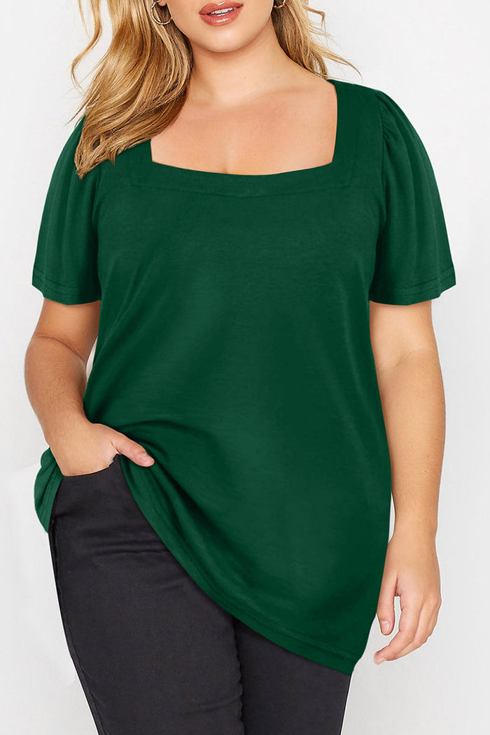 Green Plus Size Square Neck Ruched Shoulder Short Sleeve Top - Size/Plus Tops/Plus Tops & Tees