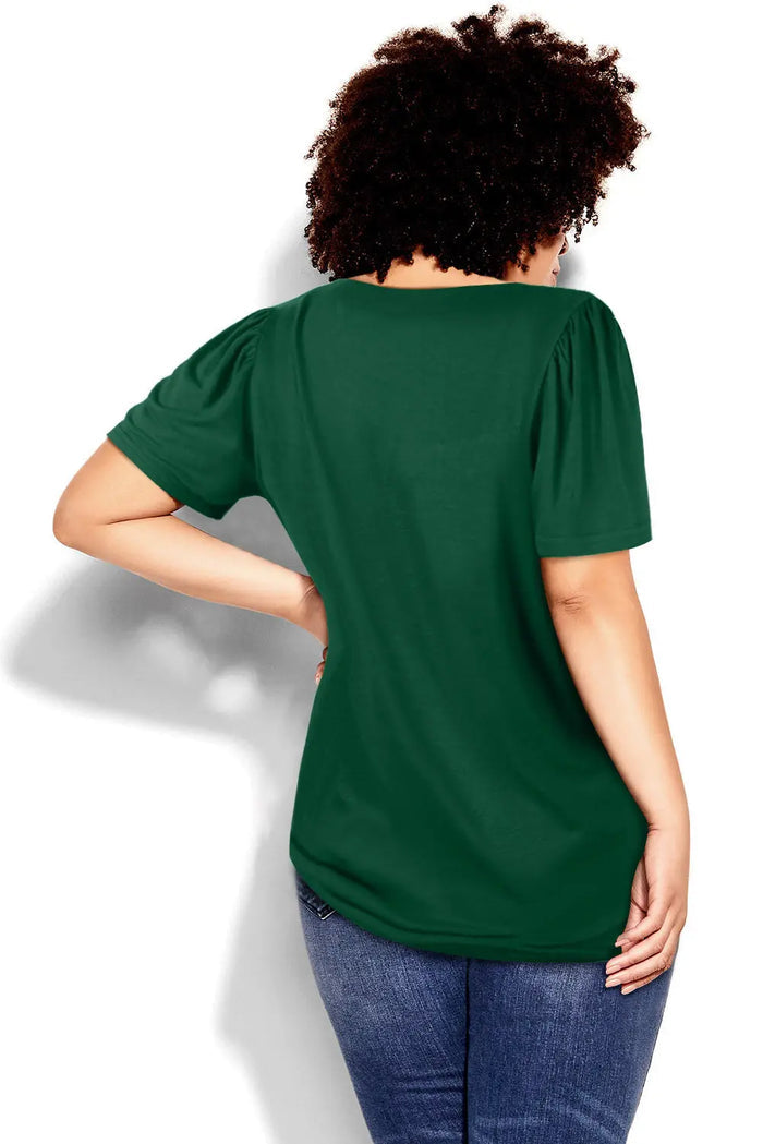 Green Plus Size Square Neck Ruched Shoulder Short Sleeve Top - Size/Plus Tops/Plus Tops & Tees