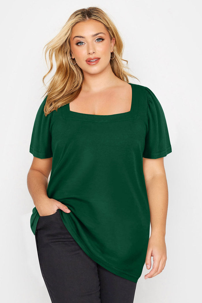 Green Plus Size Square Neck Ruched Shoulder Short Sleeve Top - Size/Plus Tops/Plus Tops & Tees