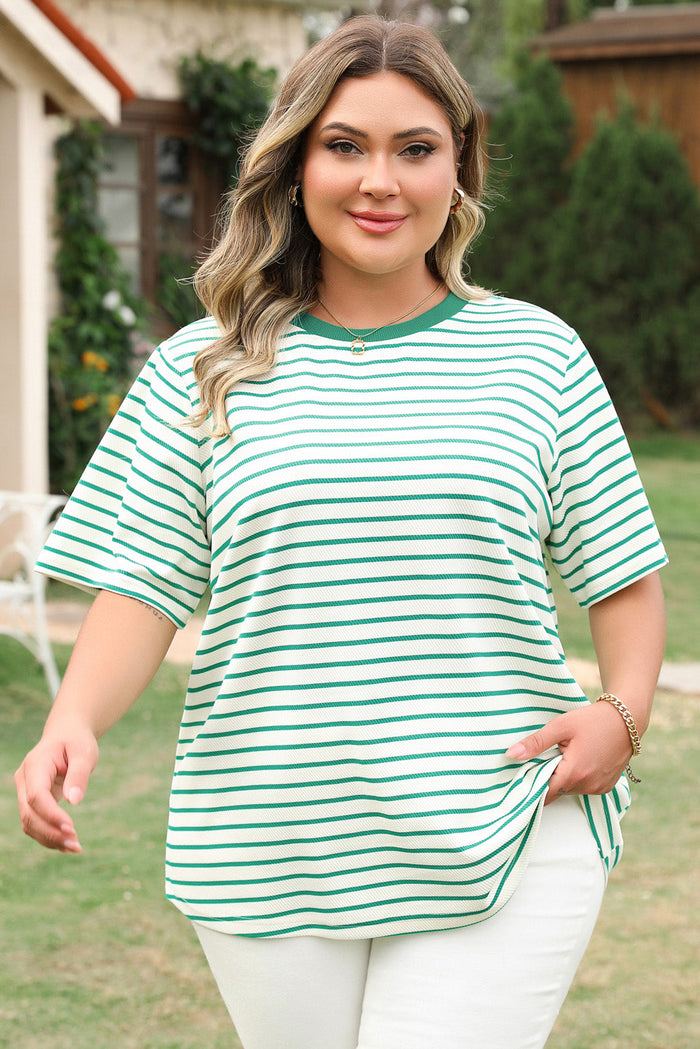 Green Stripe Plus Size St Patricks Day Round Neck T Shirt - Size/Plus Tops/Plus Tops & Tees