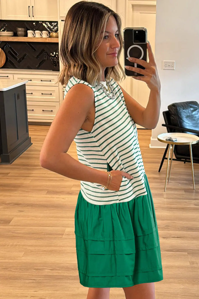 Green Stripe Woven Ruffled Sleeveless Mini Dress - Dresses/Mini Dresses