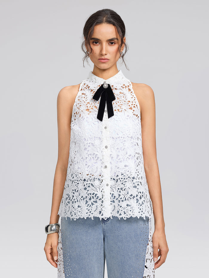 Guipure Lace Halter Rhinestone Button Top