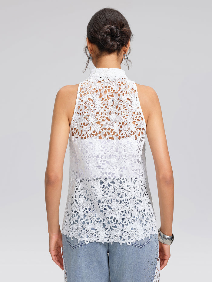Guipure Lace Halter Rhinestone Button Top