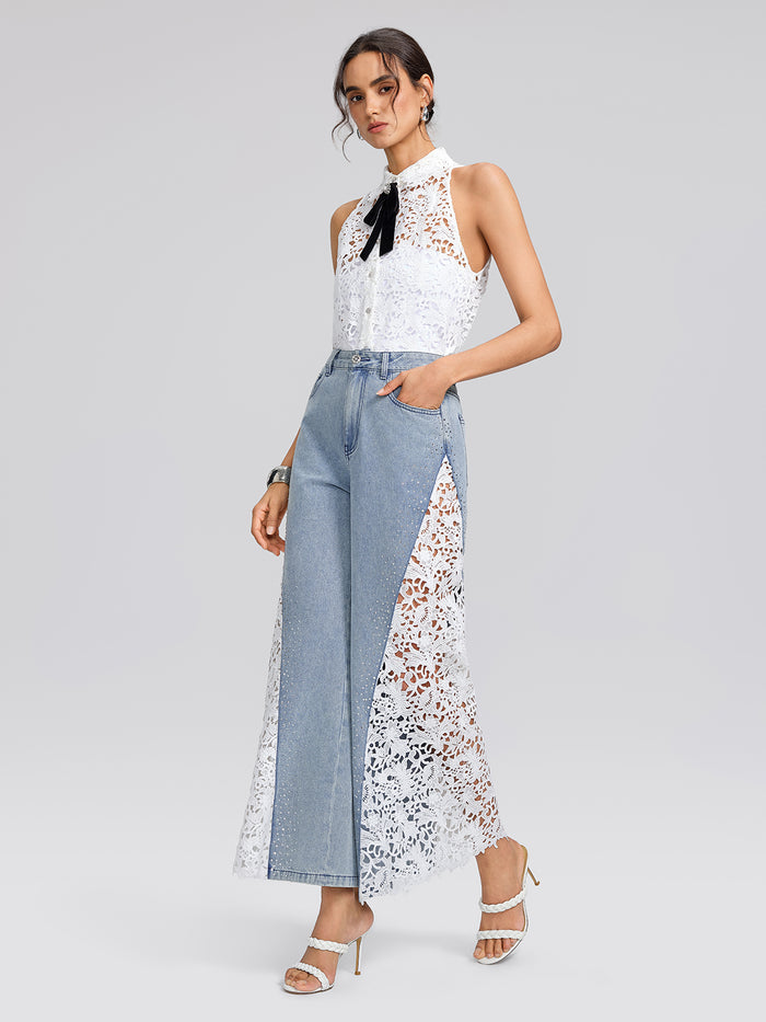 Guipure Lace Halter Rhinestone Button Top
