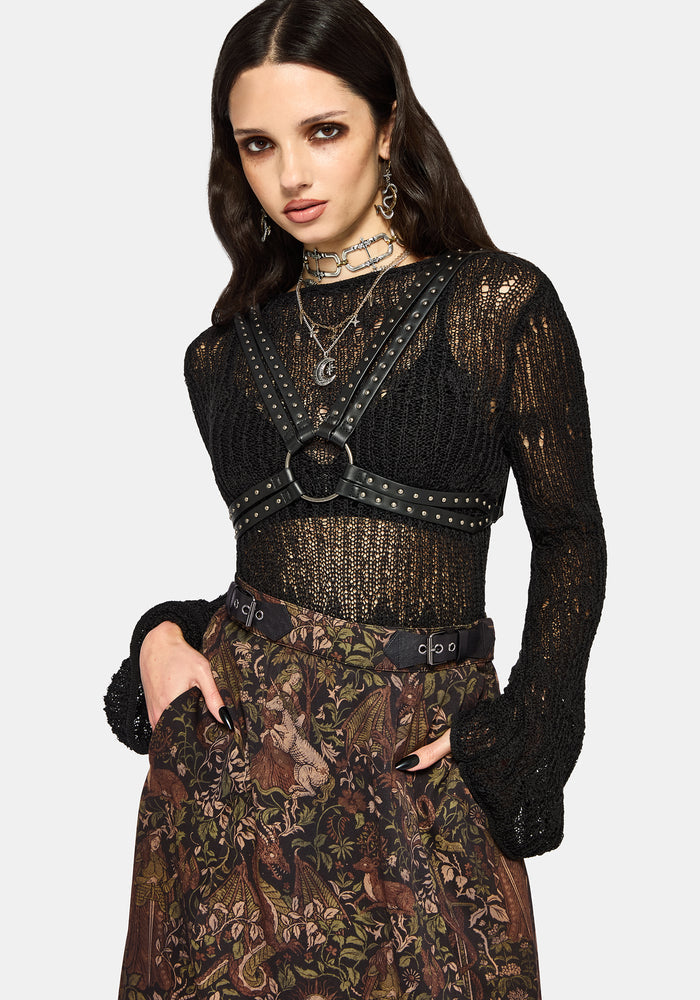 Haunt Medieval Print Buckle Midi Skirt