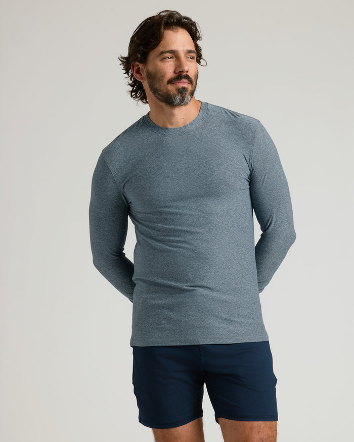 Heather Navy Active Long Sleeve Crew T-Shirt worn by a man.