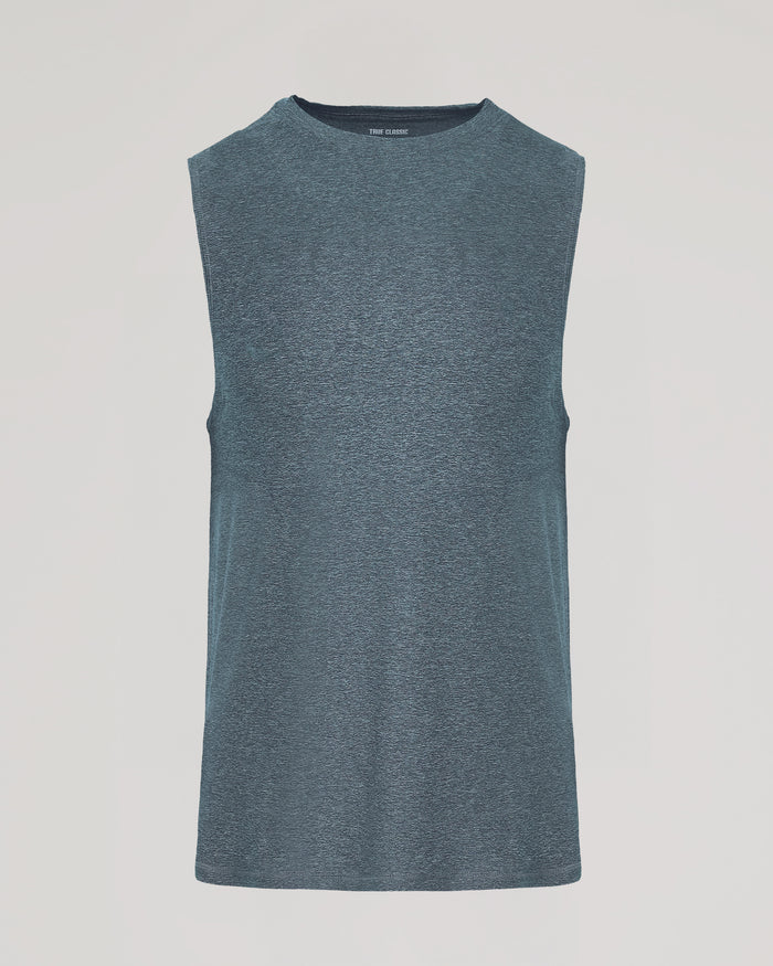 Heather Navy Sleeveless Active Muscle Tee on neutral backdrop.