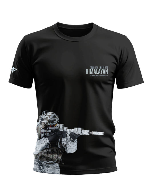 Black men's t-shirt with 'Touch the Heights Himalayan' text and camouflage soldier graphic