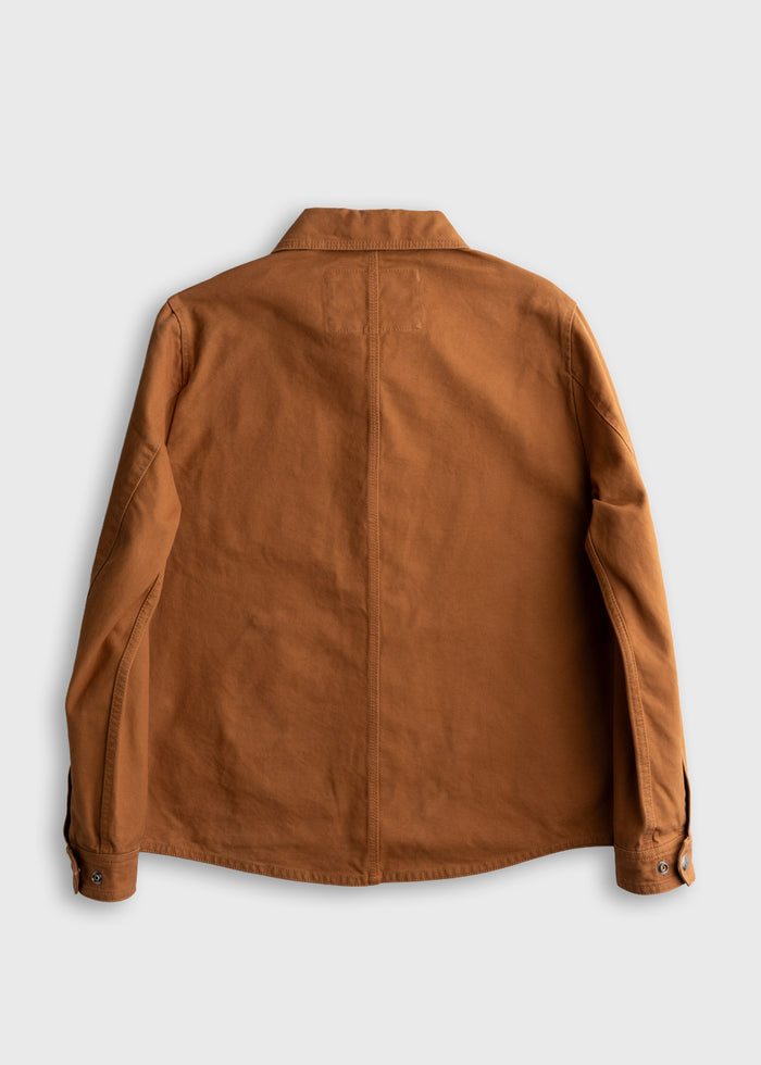 Brown jacket displayed from the back on a light background, showcasing its simple design and buttoned cuffs.
