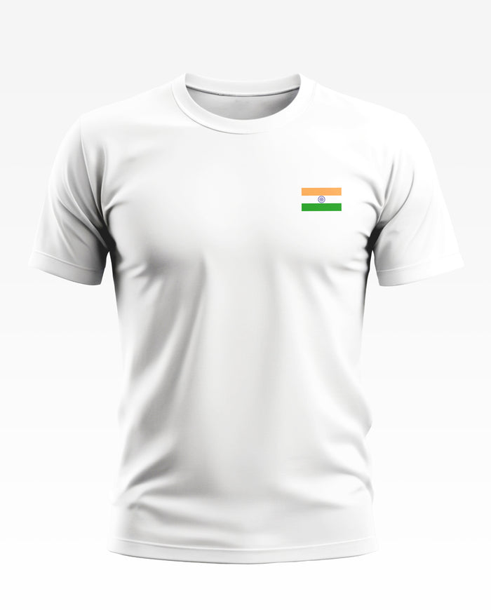 White men's t-shirt with small Indian flag graphic on the chest, short sleeves, plain background