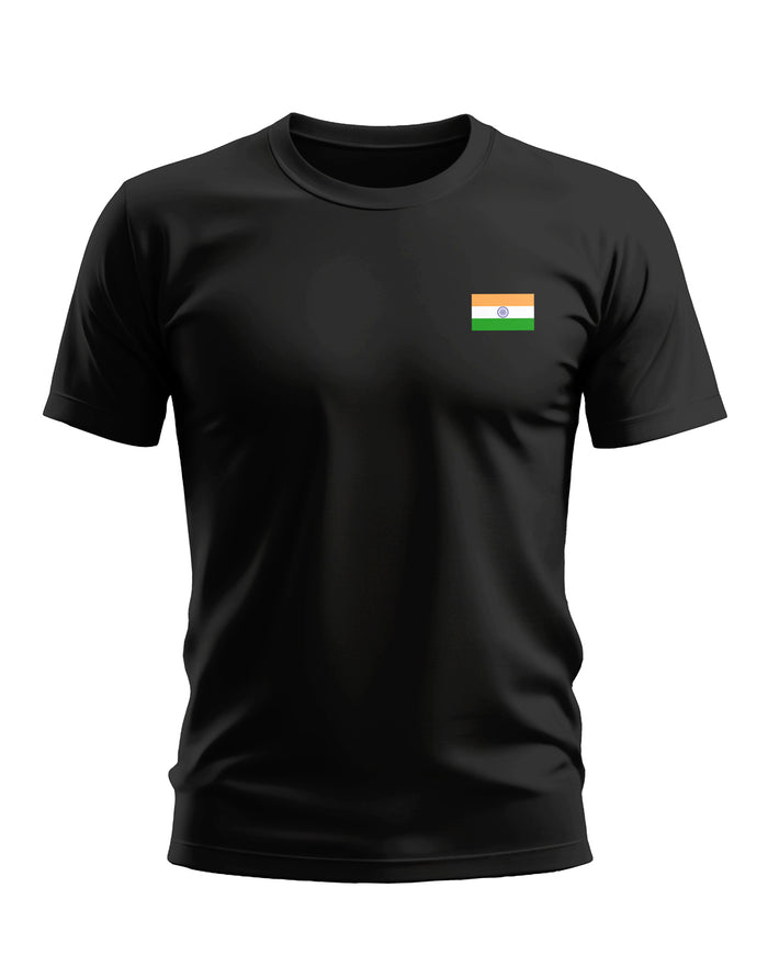 Black men's t-shirt with small Indian flag print on chest, crew neck, short sleeves