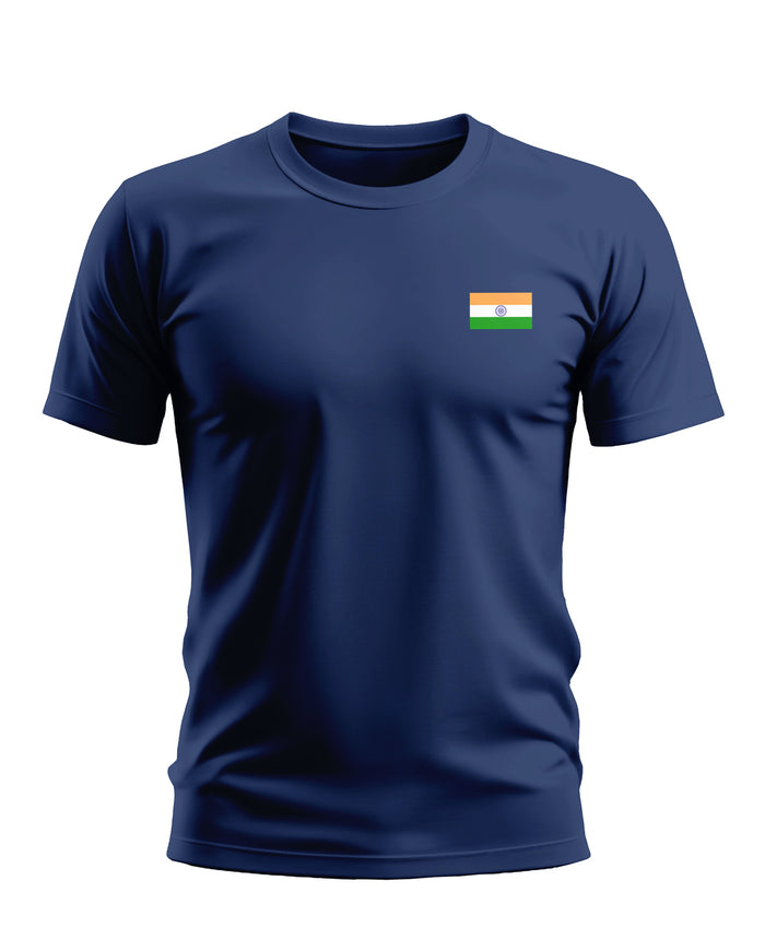 Navy blue men's t-shirt featuring small Indian flag chest print