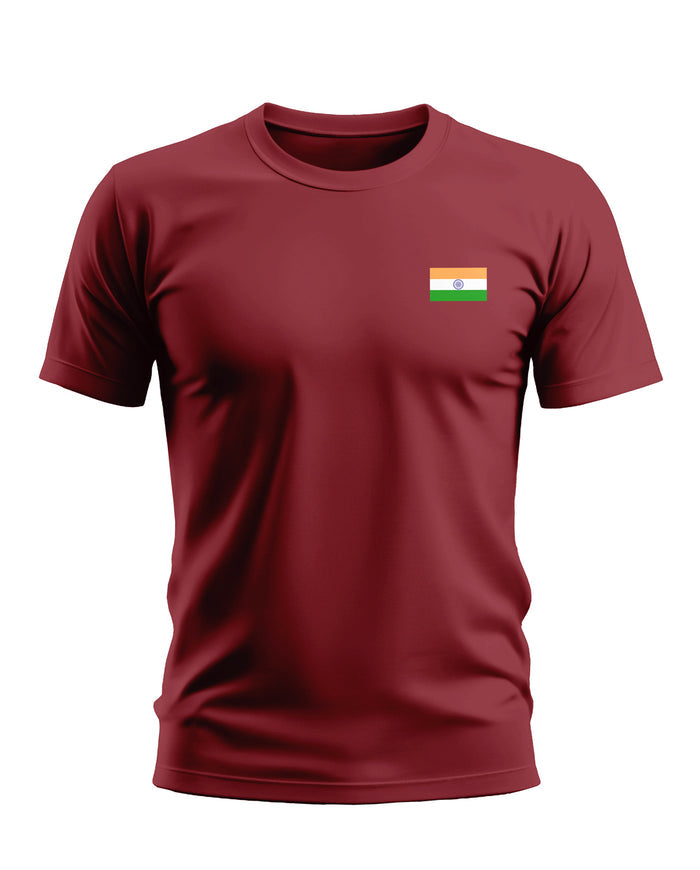 maroon men's t-shirt with Indian flag chest print, short sleeves, crew neck
