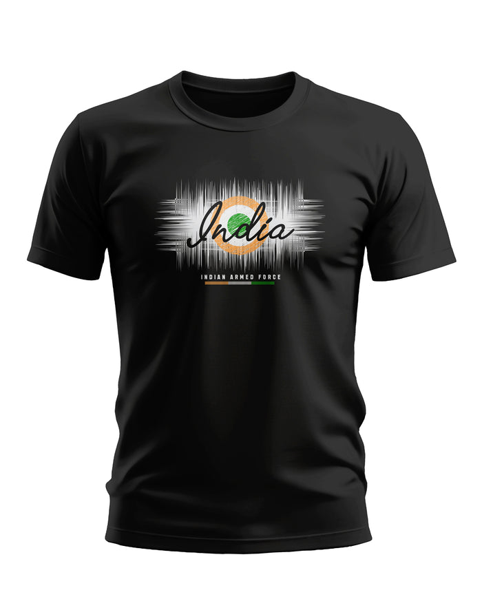 Black men's t-shirt with 'India' and tricolor emblem, Indian Armed Force themed graphic print