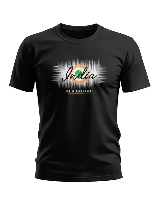 Black men's t-shirt with 'India' and tricolor emblem, Indian Armed Force themed graphic print